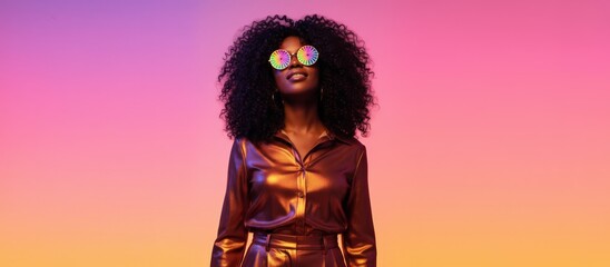 Young black woman posing with vibrant afro hair, wearing a shimmering metallic outfit and funky colorful round sunglasses against a gradient background, embodying disco fashion and retro style