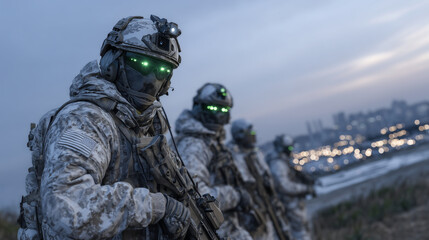 Modern infantry unit standing in formation, night vision-equipped helmets glowing faintly green, tactical equipment detailed and pristine, background of military base under dusky s