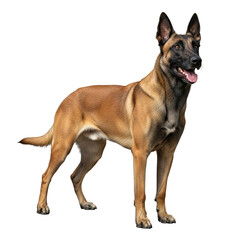 A magnificent Belgian Malinois, an intelligent dog species, stands alertly. This loyal and athletic breed showcases its sleek coat and keen expression on a pristine white background