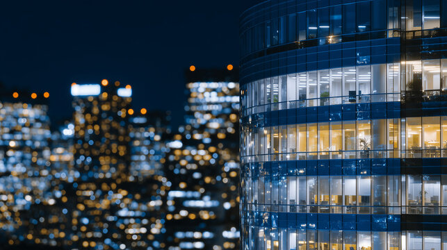 High-detail architectural close-up of a modern business building at night, windows glowing warmly, reflections shimmering across glass surfaces, symbol of dedication and urban vita