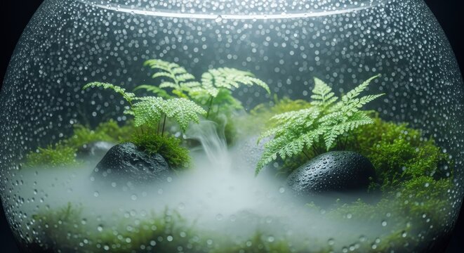 Lush green terrarium with ferns moss and smooth stones under gentle mist and water droplets creating a serene micro-ecosystem environment