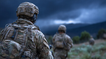 Close-up of soldiers&acirc; tactical gear, straps, pouches, and modern helmets with mounted optics, precise formation in the background under a moody sky