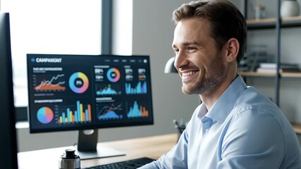 A smiling man works with a data analytics dashboard on his computer in a modern office. - Powered by Adobe