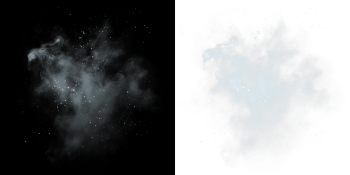 Ethereal smoke overlay with shimmering particles on a black background, creating a mystical atmosphere for artistic design and creative projects with copy space