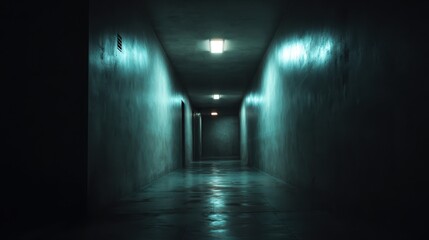 Dark and eerie hallway with glowing lights creates a suspenseful atmosphere in abandoned building
