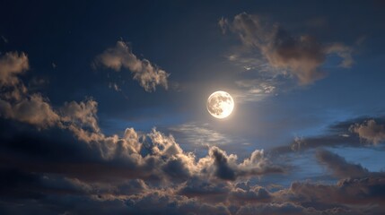 Bright full moon illuminating a cloudy night sky over a peaceful landscape