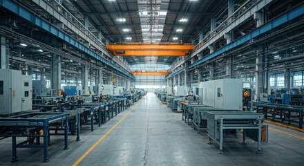 Fototapeta premium Wide shot of a large industrial factory floor with machinery and an overhead crane