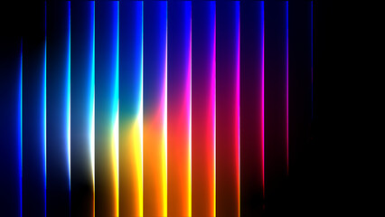 White light blue cyan magenta orange red gradient with iridescent glass effect on black background. Futuristic glowing lines with neon shine, prism reflection, and transparent light beam motion design
