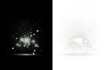Abstract light bokeh effect overlay on black and white backgrounds, creating a dreamy atmosphere with soft glowing orbs and sparkling highlights for artistic design projects