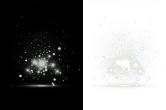 Abstract light bokeh effect overlay on black and white backgrounds, creating a dreamy atmosphere with soft glowing orbs and sparkling highlights for artistic design projects