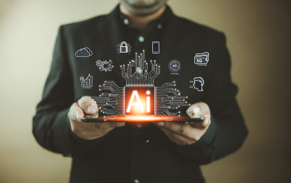 Businessmen use applications on smartphones and use AI to assist something for business development. Artificial intelligence or AI technology for a business concept. Futuristic digital technology.