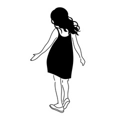 Silhouette of a young girl in a sleeveless dress walking with arms slightly outstretched