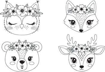 Black and white set of cute forest animals heads wearing flower wreaths, vector line art illustration
