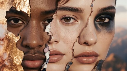 Fragmented faces representing diverse human identity and connection