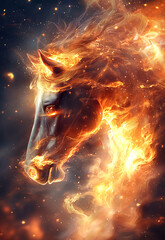 Horse engulfed in flames creates striking visual against dark background, evoking sense of power and intensity