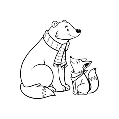 High-Quality Cute Outline Vector Drawing Of Winter Animals Bear And Fox For Kids Design Vector
