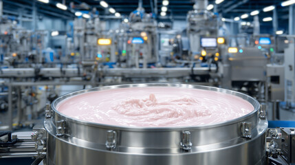 Obraz premium Large silver mixer with rounded base, gently curved top filled with pastel pink liquid, industrial dairy facility background with automated machinery and stainless steel piping