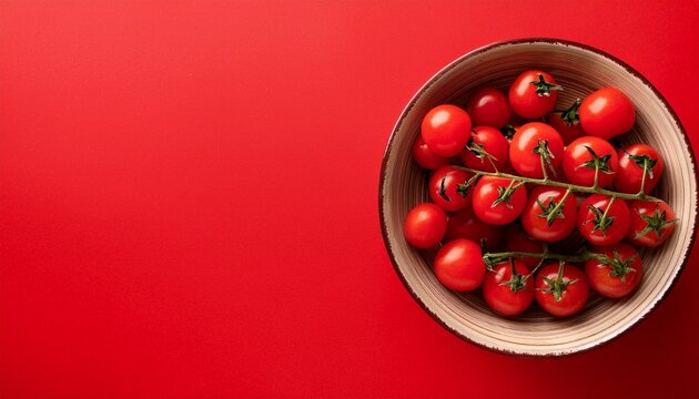 fresh cherry tomatoes in a bowl and red background top view copy space for text
