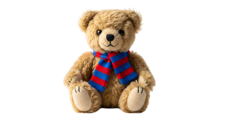 A fluffy brown teddy bear wearing a red and blue striped scarf sitting on a black background looking forward on transparent background