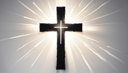Silhouette Cross with Bright Light Rays Radiating Behind in Spiritual Worship Scene