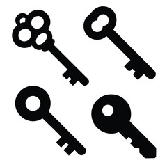Antique vector illustration of a set of golden skeleton keys and a lock, isolated on white, symbolizing house security and access