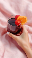 Red wine glass with strawberry and orange slice garnish held by hand on pink fabric