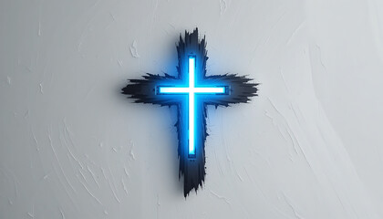 Neon Blue Cross on White Wall with Artistic Glitch Effect