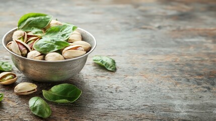 Fototapeta premium Pistachios and fresh spinach leaves displayed in a silver bowl on a wooden table in a cozy kitchen setting