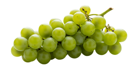 A close up shot of a bunch of green grapes on a stem against a black isolated background view food on transparent background