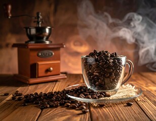 Steaming coffee beans in a glass cup, wooden grinder, and table