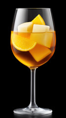 Refreshing orange cocktail with ice cubes in clear wine glass on black background