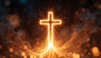 Glowing Cross with Sparkling Light Effects in Dark Background for Religious and Spiritual Themes