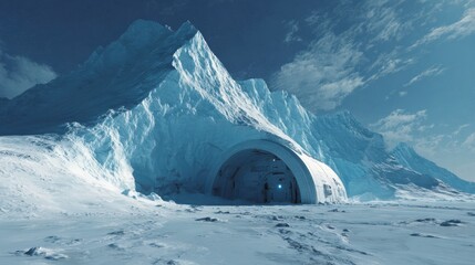 Ice cave entrance surrounded by towering icy mountains in a cold, remote location during bright daylight