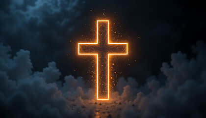 Glowing Cross Illuminated in Dark Sky with Clouds and Sparks