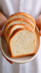Sliced white bread on plate held by hands, fresh and soft texture