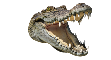 Wide Open Crocodile Jaws Revealing Sharp Teeth  Aggressive Reptile Display on Transparent Backdrop