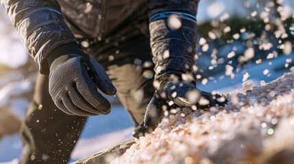 Person wearing thick winter gloves spreading rock salt on frozen driveway, small grains scattering over ice, soft winter sunlight reflecting off icy patches