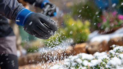 Gloved hand sprinkling de-icing salt in a precise motion, icy patches glistening with reflections, background blurred showing snow-covered garden