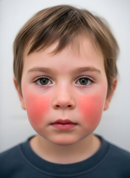 Portrait of a young boy with bright red cheeks and a serious expression