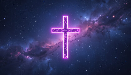 Glowing Neon Cross in Space with Starry Sky and Galaxy Background