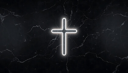 Neon Cross Sign Illuminated on Dark Marble Background for Religious or Spiritual Content