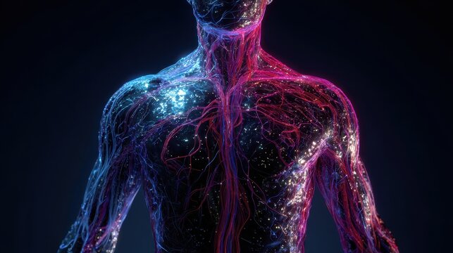 Visualization of human vascular system in vibrant colors showcasing veins and arteries against a dark background