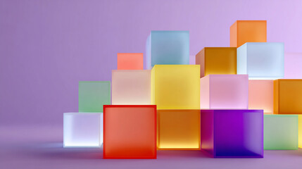 Obraz premium A dense, isometric arrangement of translucent cubes and blocks glowing with a vibrant, iridescent holographic mix of pink, yellow, green, and cyan colors.