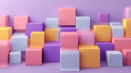 Obraz premium A dense, isometric arrangement of translucent cubes and blocks glowing with a vibrant, iridescent holographic mix of pink, yellow, green, and cyan colors.