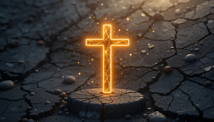 Glowing Cross on Cracked Ground Illuminated by Sparkling Light