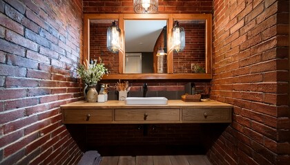 rustic bathroom vanity with brick wall and wooden accents