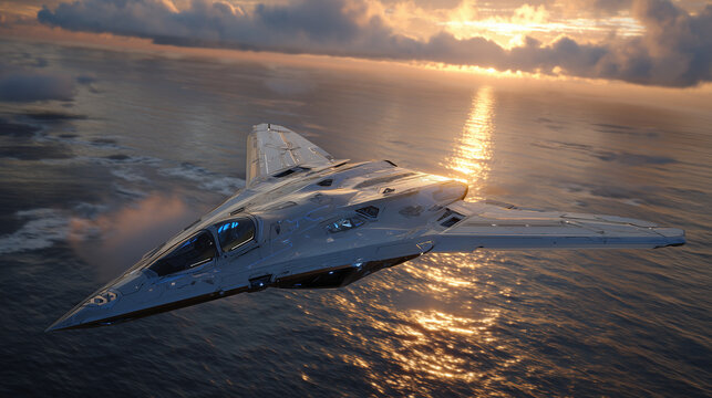 High-detail close-up of futuristic naval drone, sleek hull and reconnaissance instruments visible, flying above reflective ocean surface at sunset, advanced unmanned sea mission co