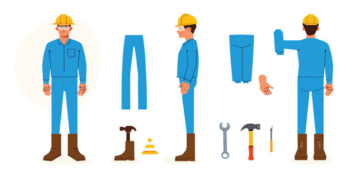 Male Constructor Character Animation Set with Various Views and Tools