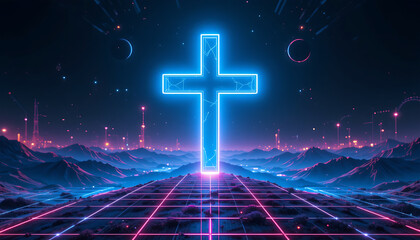 Neon Cross in Futuristic Landscape with Digital Grid and Mountain Range