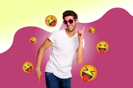 Collage of person surrounded by floating emoji icons expressing fun and different emotions happy joy angry oops lol - Powered by Adobe